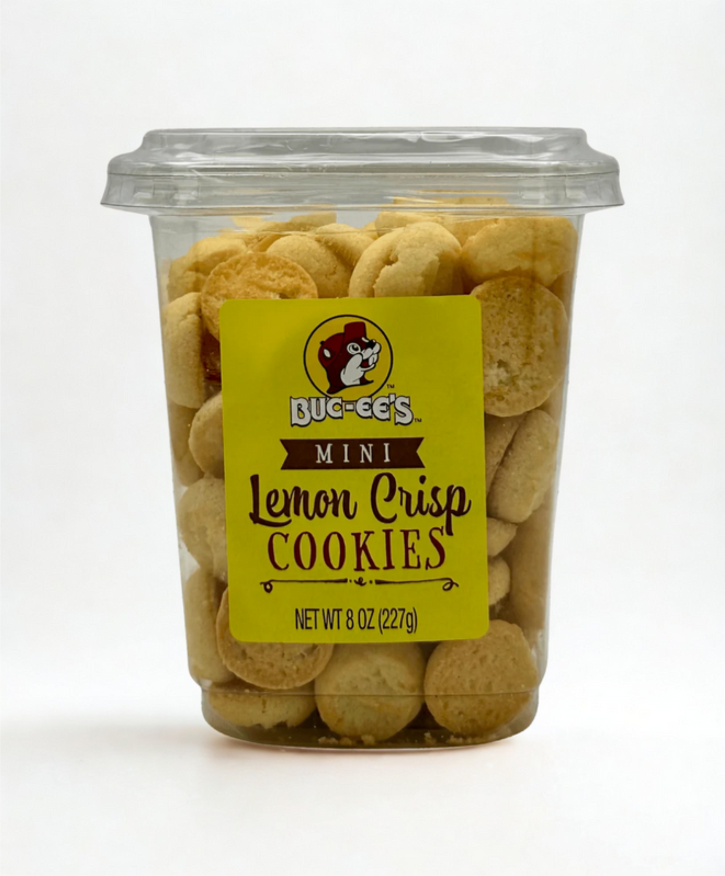 Container of Buc-ee's Mini Lemon Crisp Cookies on a wooden surface