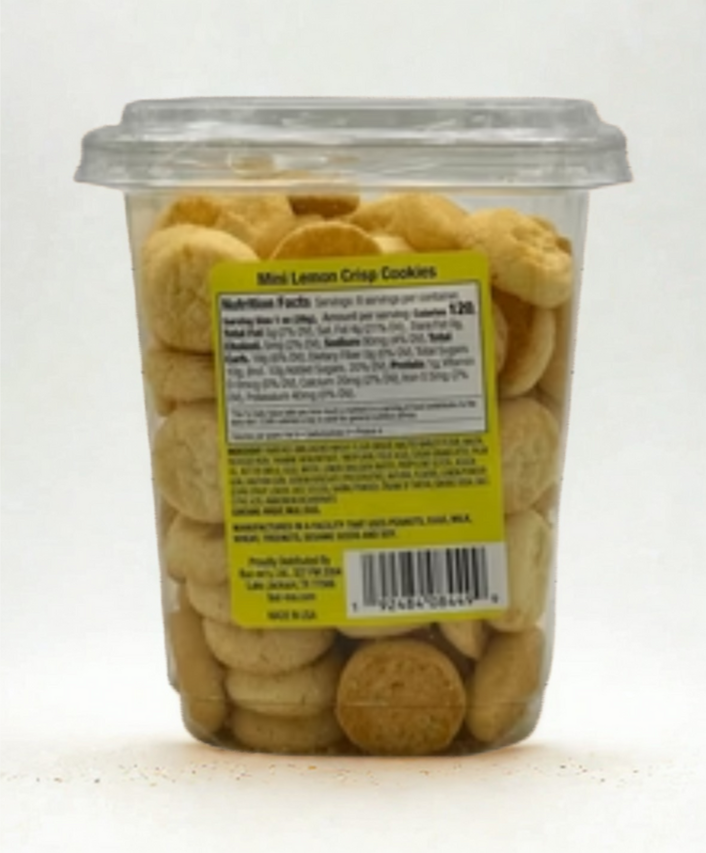 Packaged cookies with a label on a wooden surface