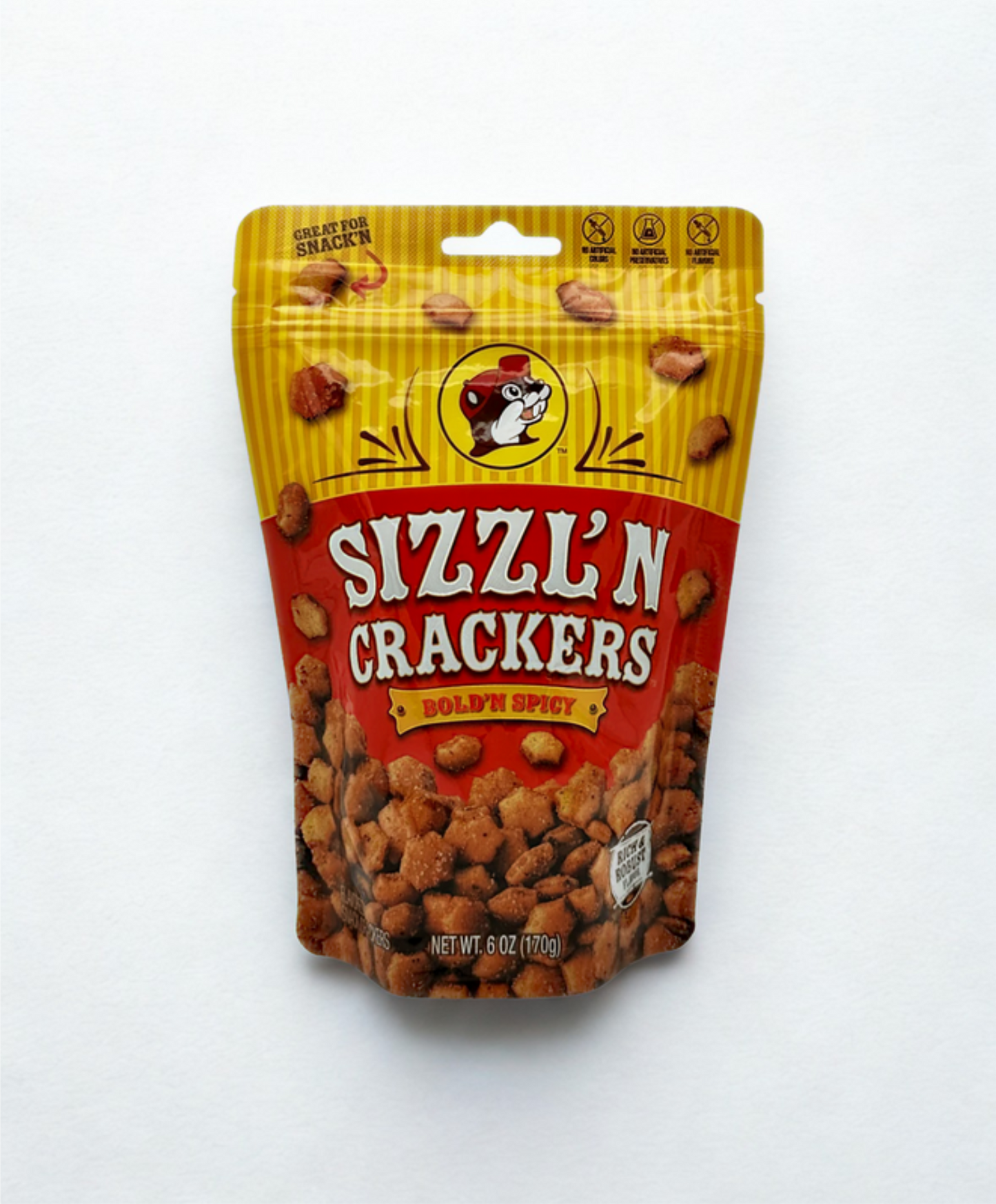 Packaged snack of 'Sizzl'n Crackers' on a wooden surface
