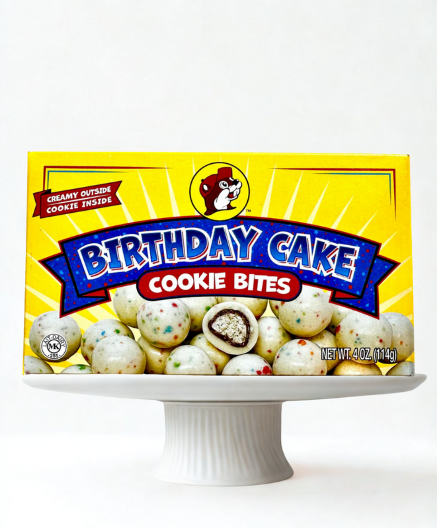 Box of Birthday Cake Cookie Bites on a wooden surface