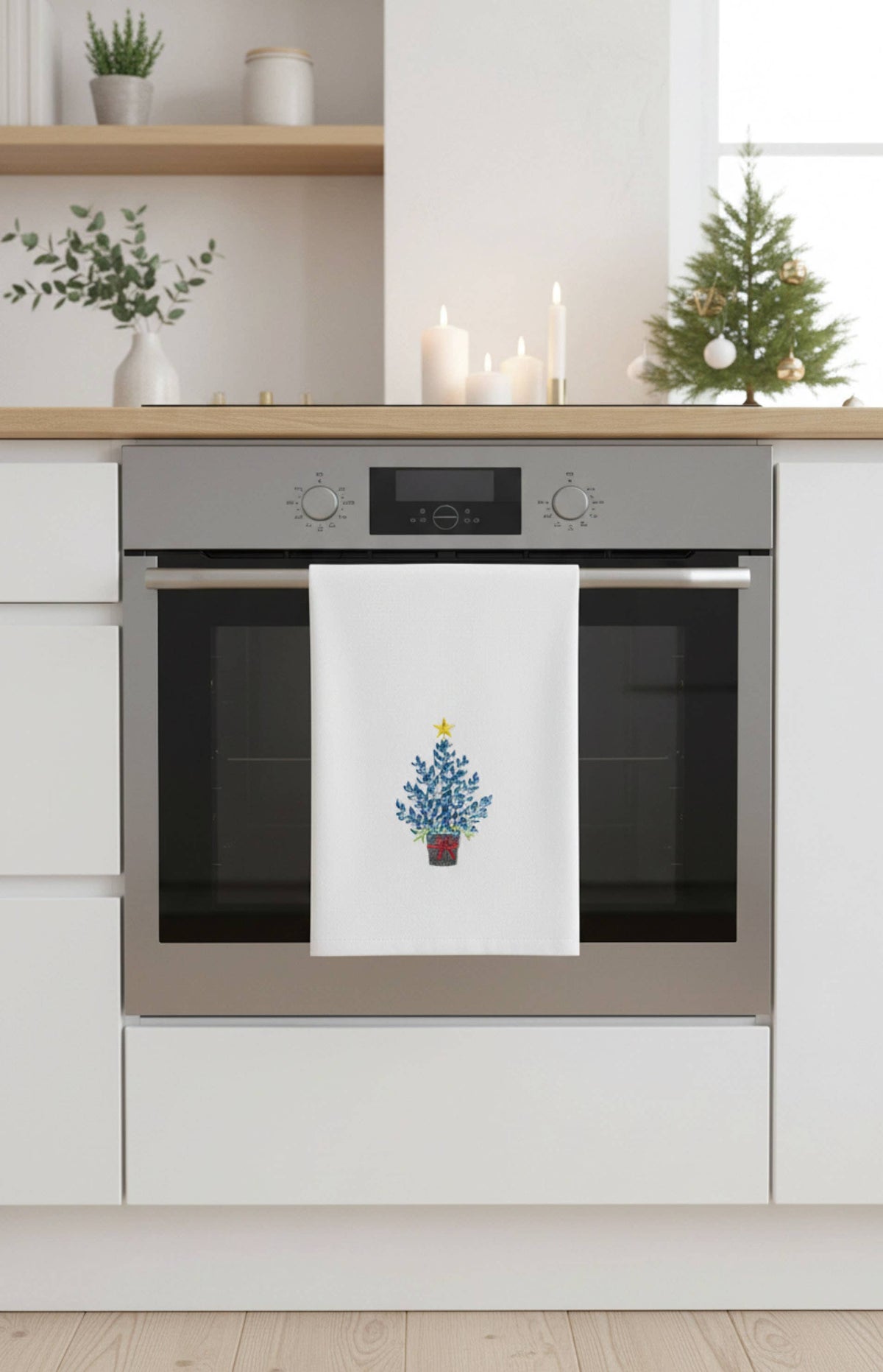 Blue Bonnet Christmas Tree Embroidered Kitchen Towel