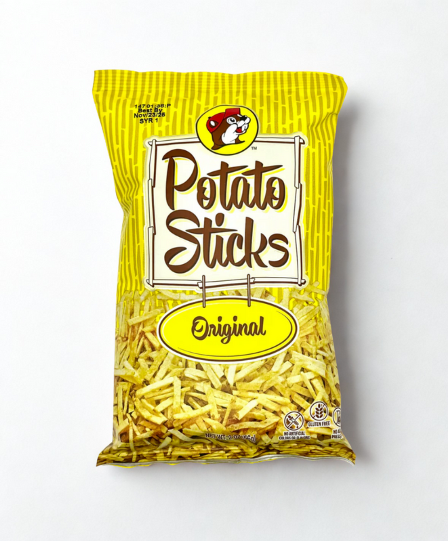 Bag of potato sticks with Buc-ees logo on a wooden surface