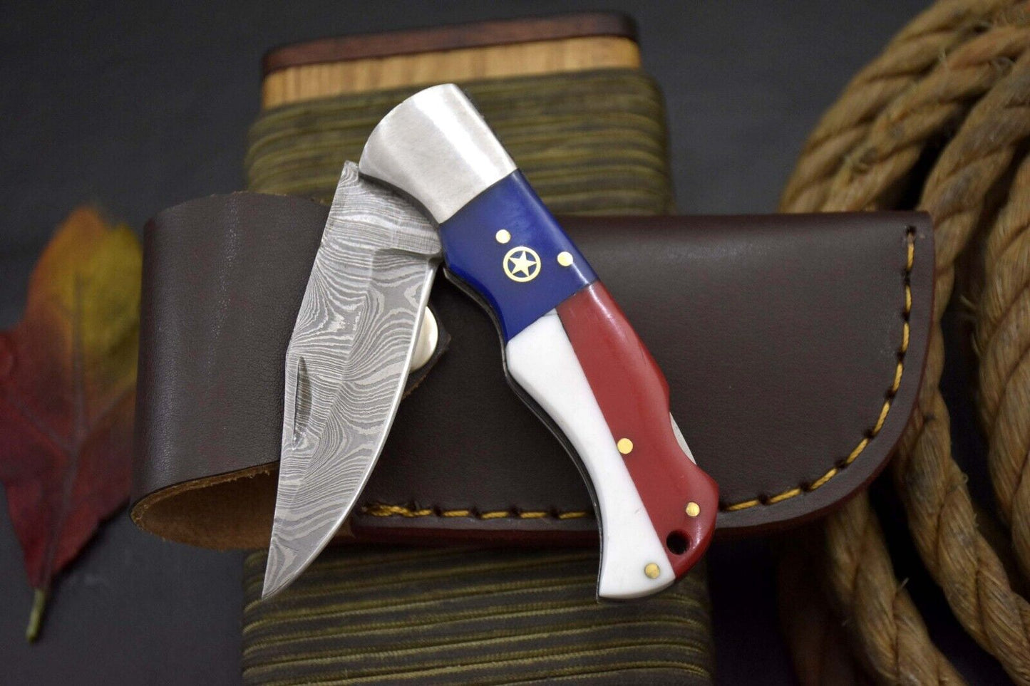 Handcrafted Damascus Steel Pocket Knife – Texas Flag Handle & Leather Sheath | Collectible EDC Gift