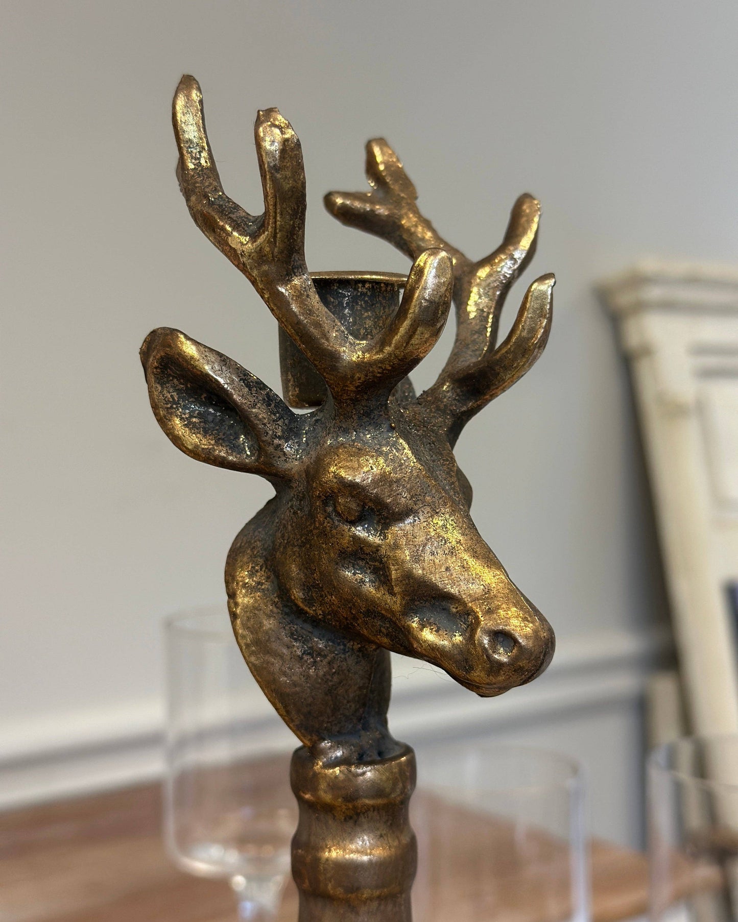Antique Brass Deer Head Candle Holder