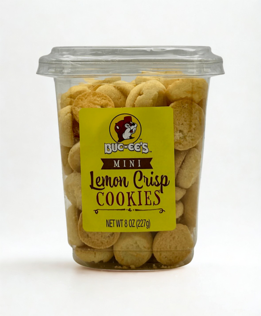 Container of Buc-ee's Mini Lemon Crisp Cookies on a wooden surface