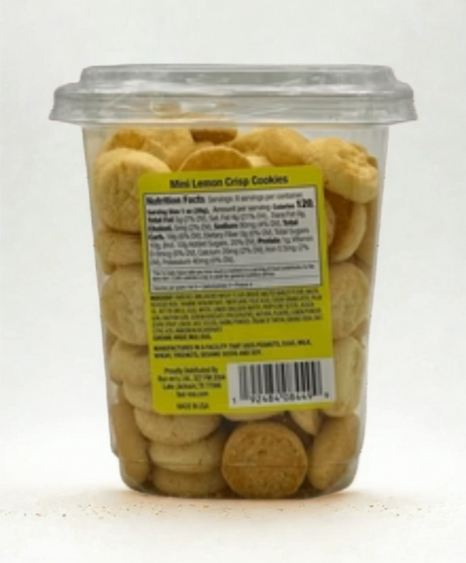 Packaged cookies with a label on a wooden surface