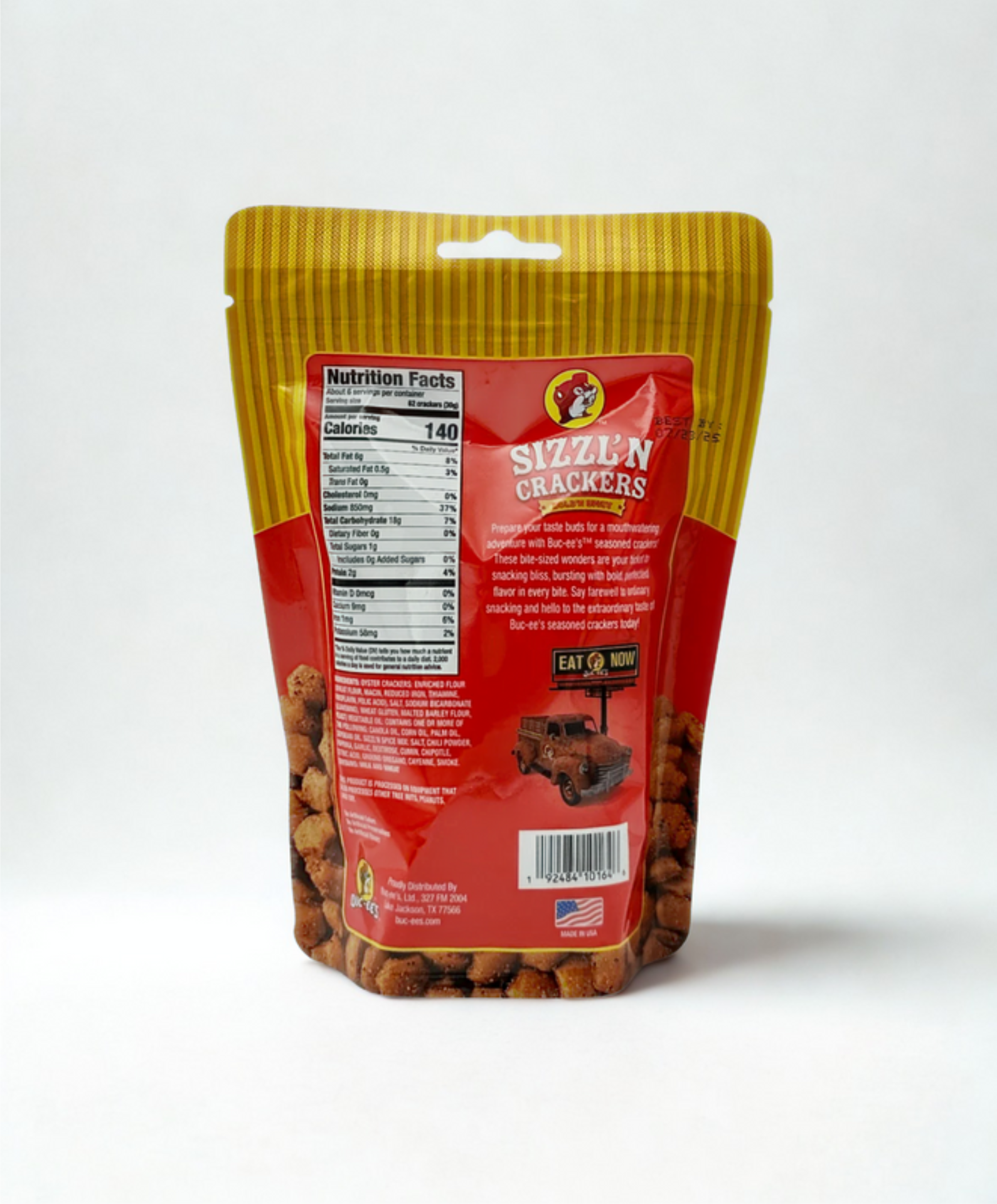 Packaged snack with visible branding on a wooden surface