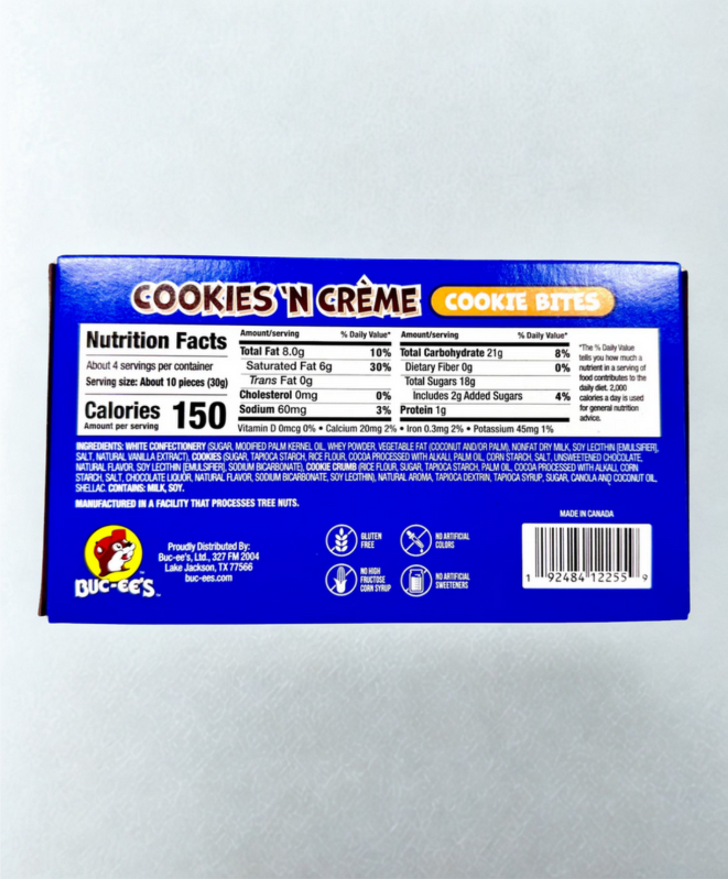 Cookies 'N Crème cookie bites packaging with nutrition facts on a wooden surface
