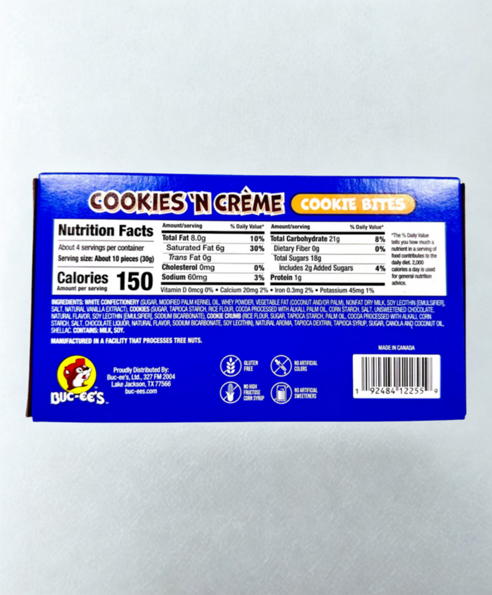 Cookies 'N Crème cookie bites packaging with nutrition facts on a wooden surface