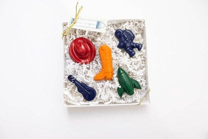 Set of colorful Texas crayons in a box on a white background