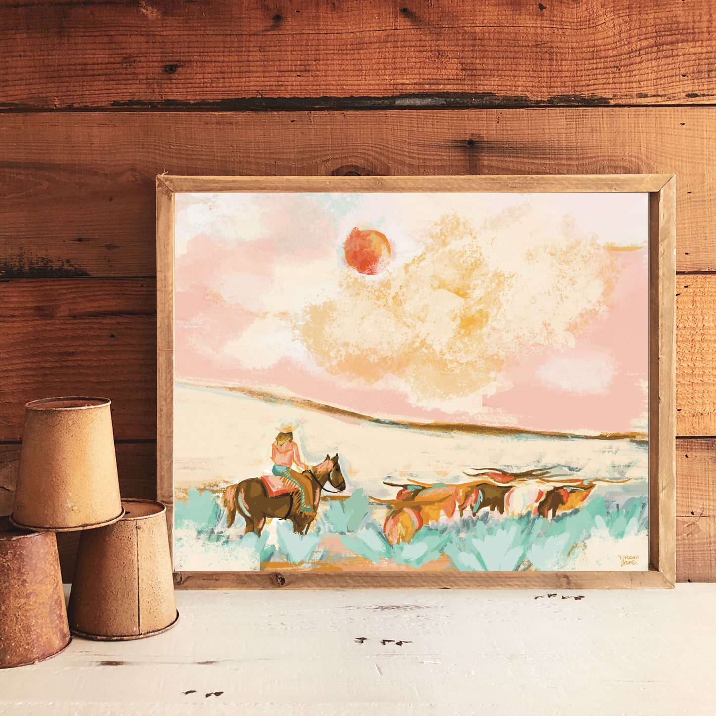 Cowgirl Longhorn Cattle Art Print