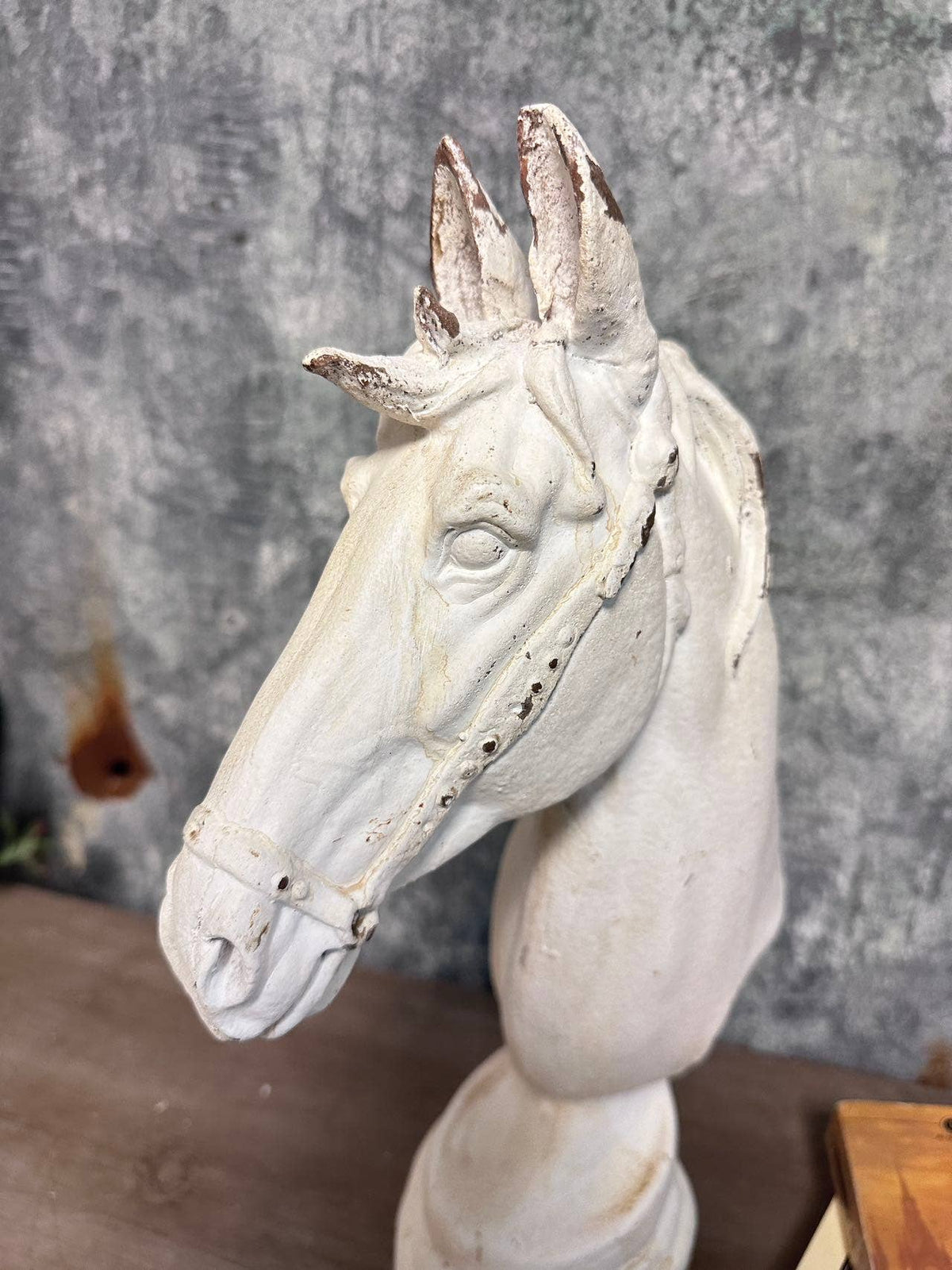 Distressed White Horse Head Bust Sculpture