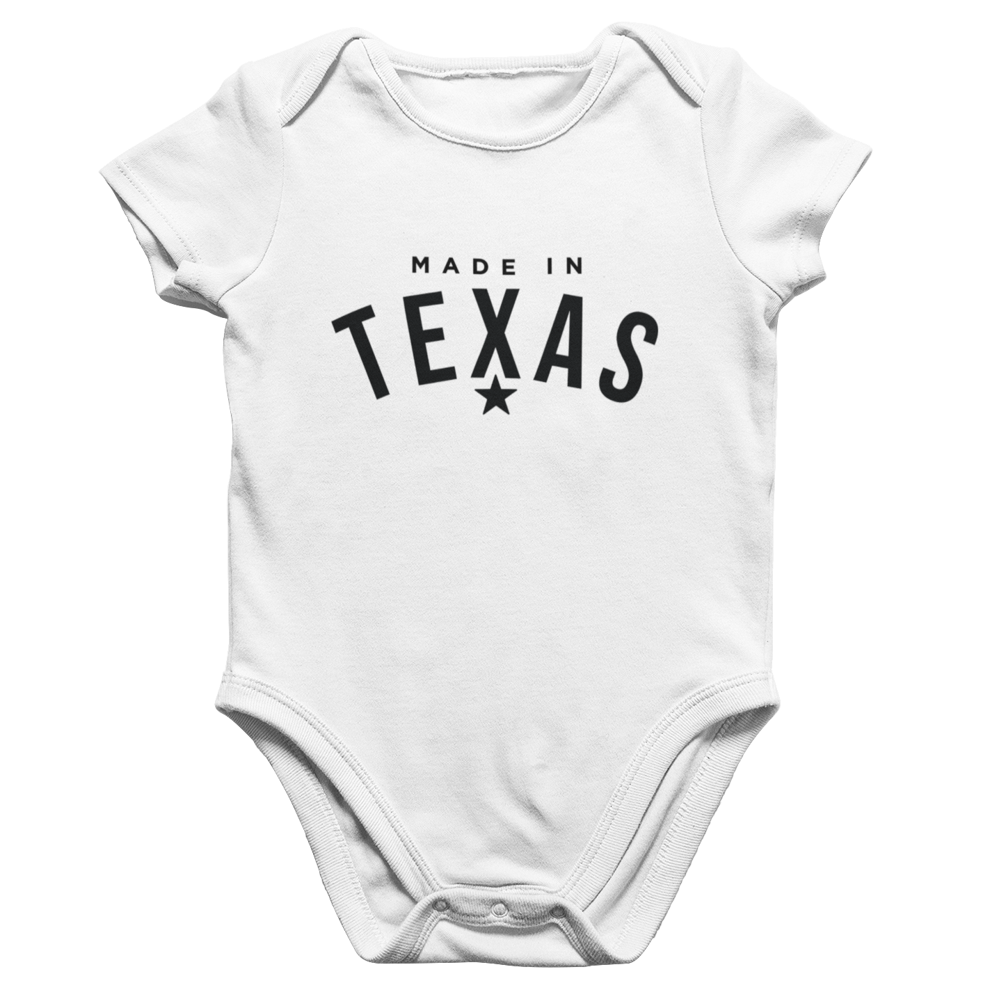 White baby onesie with 'Made in Texas' text on a white background