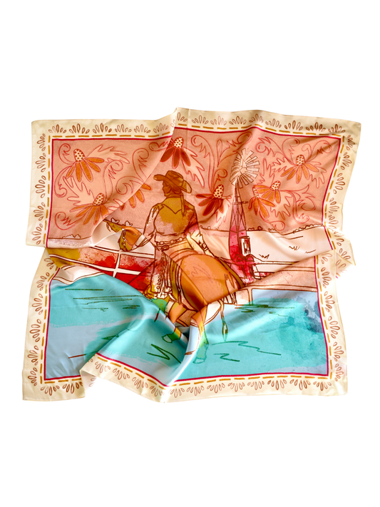 Western Corral and Floral Horse Rider: Cowgirl Scarf: 35x35 Western Mulberry Silk Wild Rag