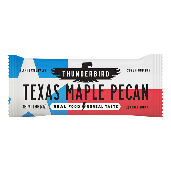Thunderbird Texas Maple Pecan superfood bar packaging on a white background