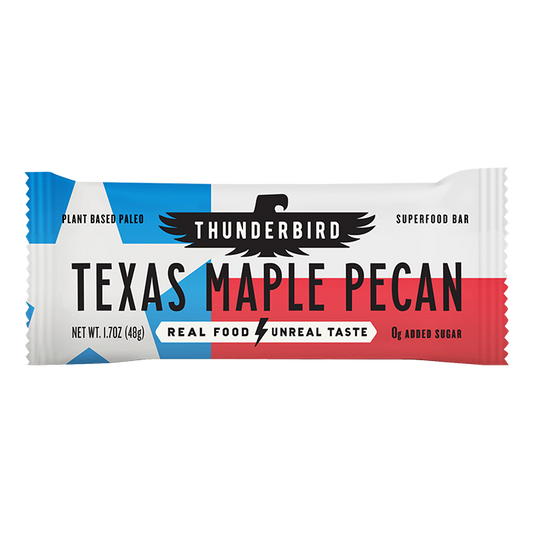 Thunderbird Texas Maple Pecan superfood bar packaging on a white background