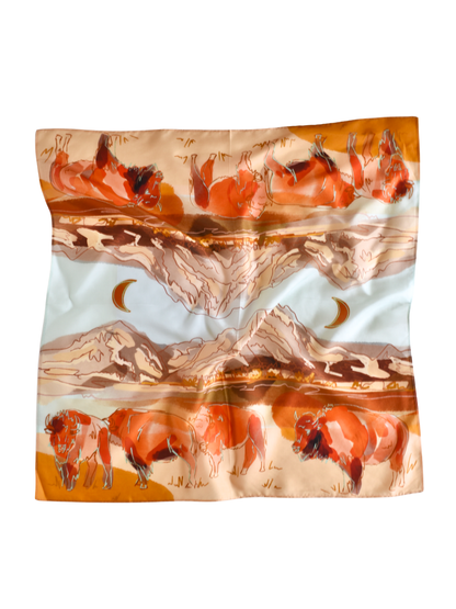 Bison and Mountain Range Western Buffalo Silk Wild Rag Scarf