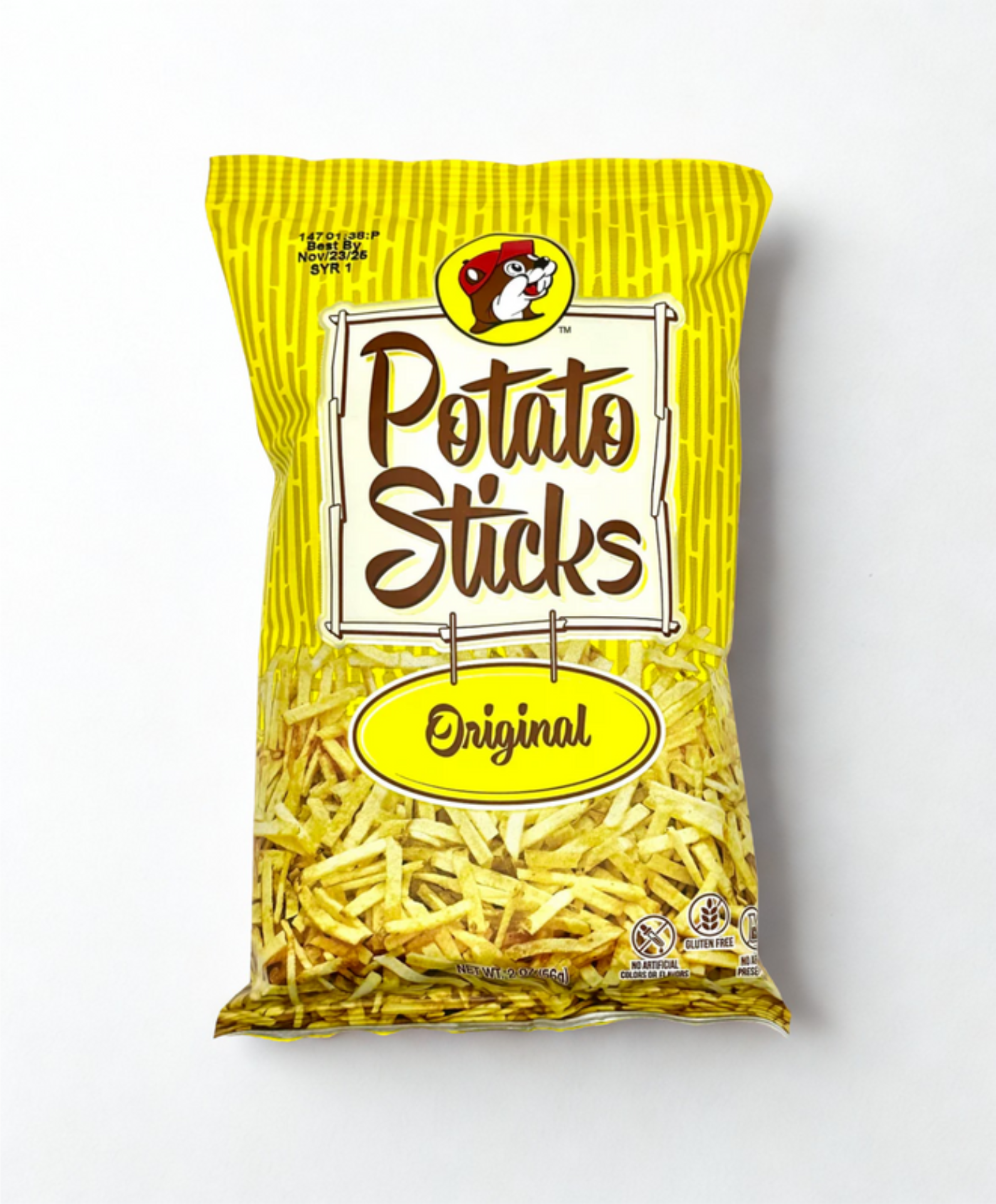 Bag of potato sticks with Buc-ees logo on a wooden surface