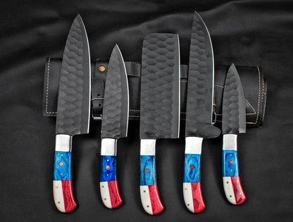 Custom Hand Forged Carbon Steel Chef’s Knife Set – 5 PCS BBQ & Kitchen Knives | Best Anniversary Gift for Him