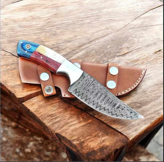 Custom Handmade Texas Flag Damascus Steel Hunting Knife with Exotic Wood-Bone Handle