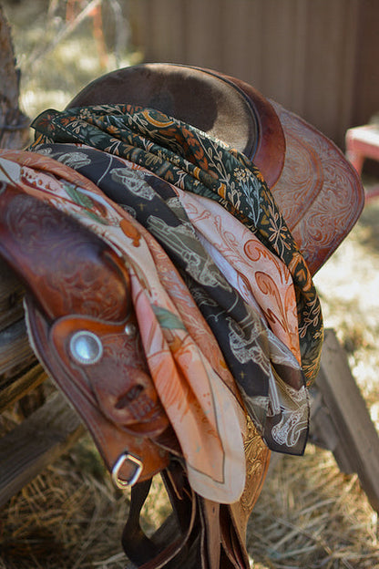 Western Saddle in Arena Brown Cowgirl Silk Scarf Wild Rag