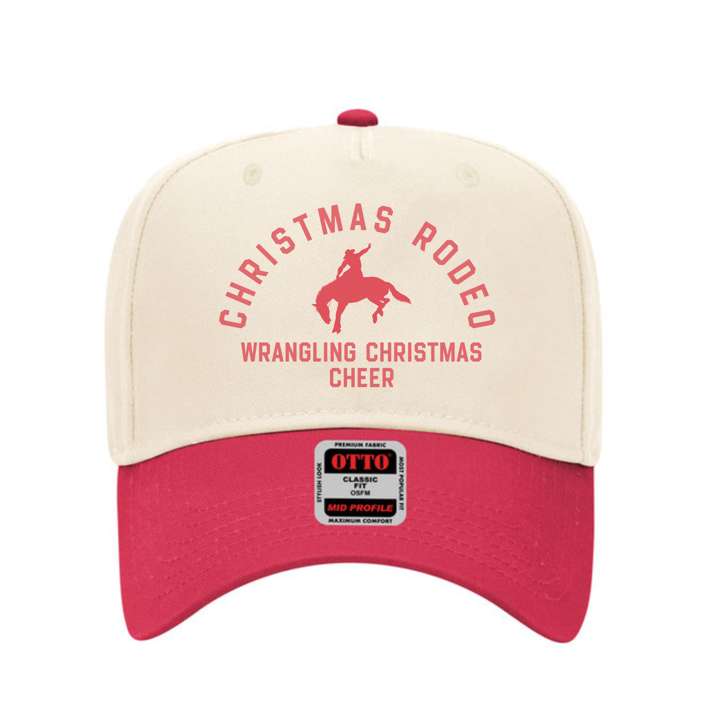 Beige and red cap with 'Christmas Rodeo' text and graphic on a white background