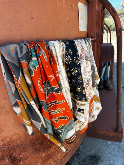 Spurs N’ Horseshoes in Rust Silk Western Cowgirl Wild Rag Scarf