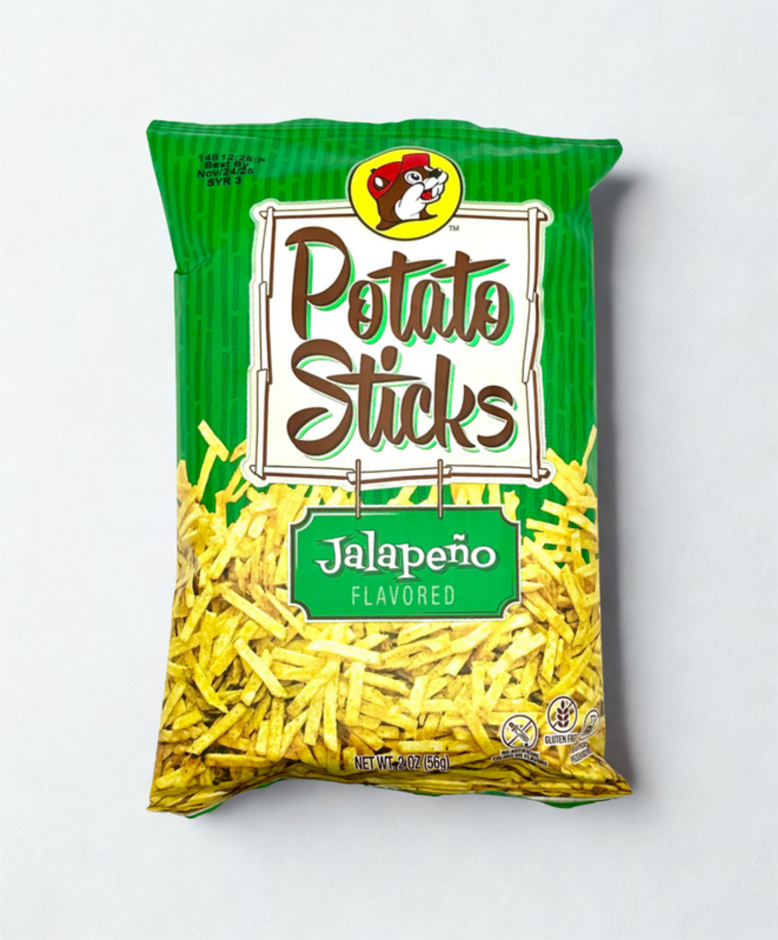 Bag of Jalapeno flavored potato sticks on a wooden surface