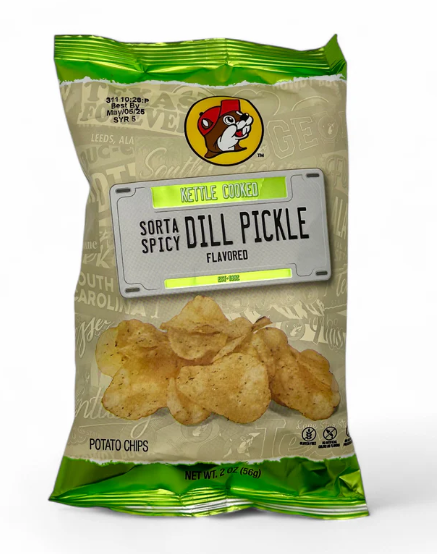 Buc-ee’s Kettle Cooked Potato Chips – Sorta Spicy Dill Pickle Flavor - Locally Texas. 