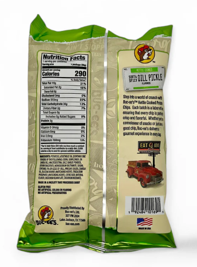 Buc-ee’s Kettle Cooked Potato Chips – Sorta Spicy Dill Pickle Flavor - Locally Texas. 