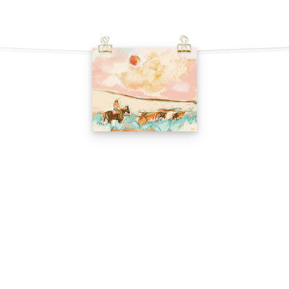 Cowgirl Longhorn Cattle Art Print