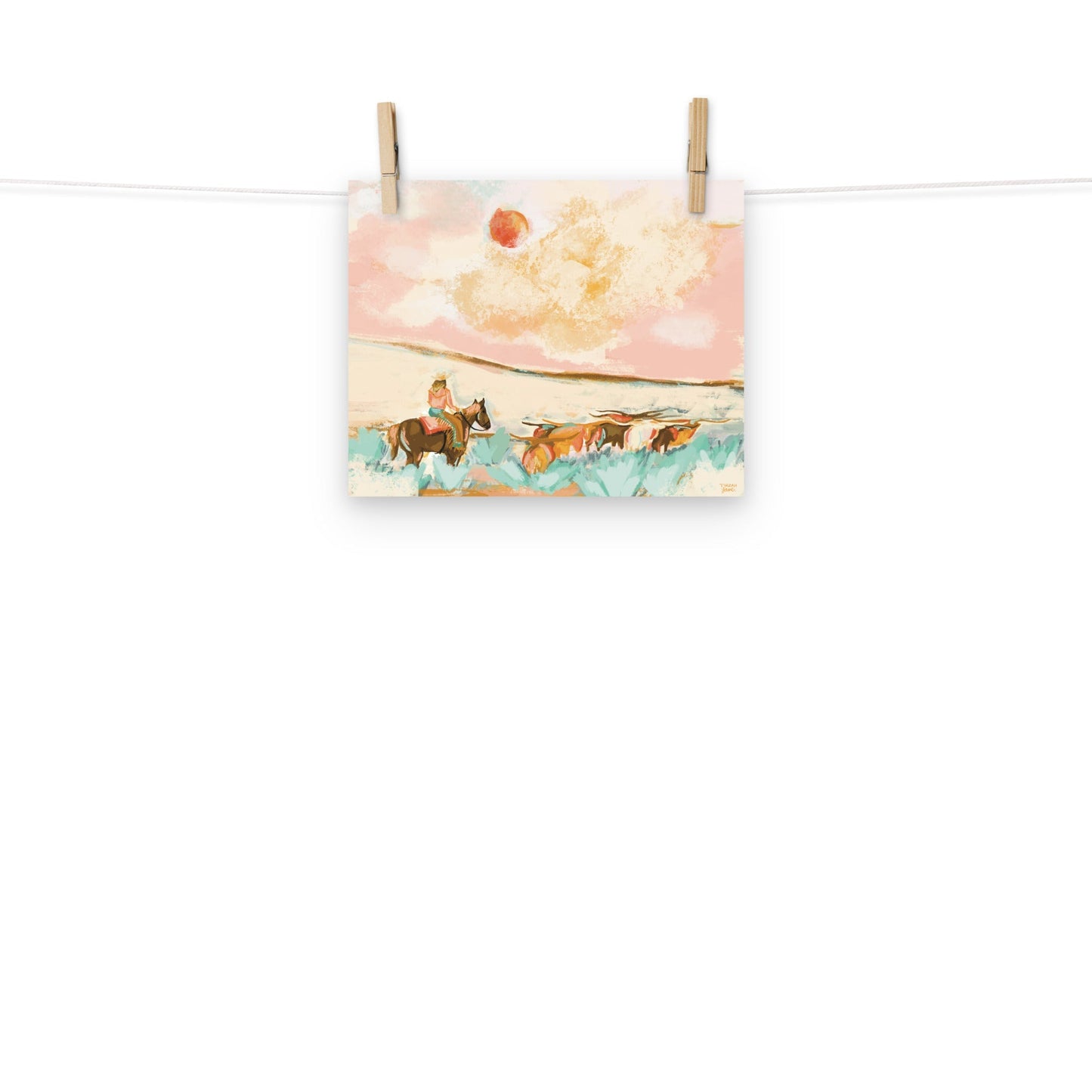 Cowgirl Longhorn Cattle Art Print