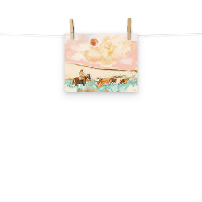 Cowgirl Longhorn Cattle Art Print